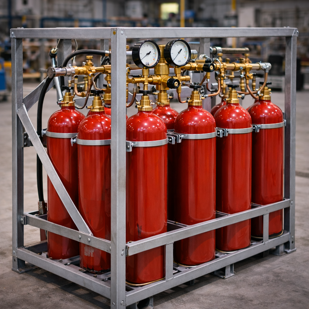 Газовый моноблок с несколькими баллонами, установленными внутри металлической транспортной рамы и соединёнными общим коллектором в промышленном помещении.