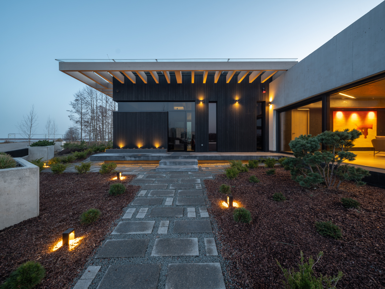 Late night view of the villa, entrance