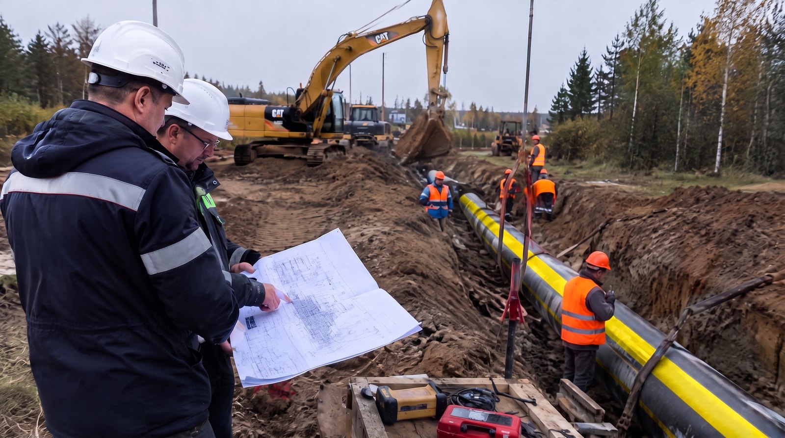 Инженеры с чертежами на строительстве газопровода в Ленинградской области