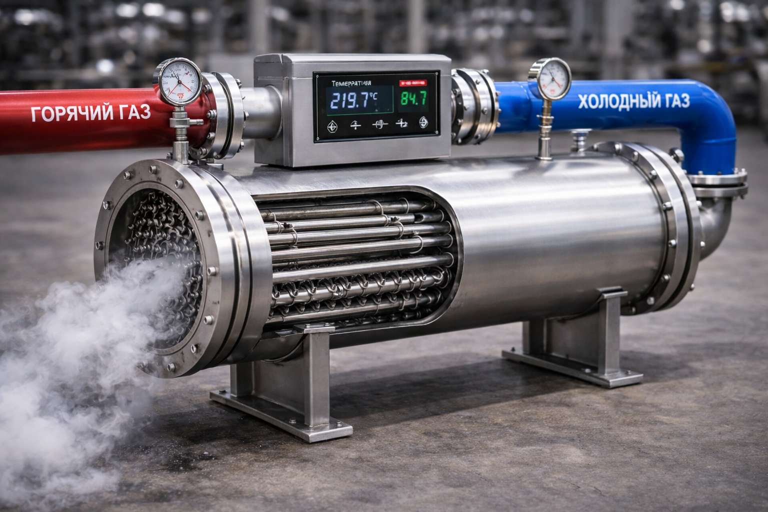 Компрессорная станция с промышленными компрессорами, трубопроводами, баллонами и панелью управления в производственном помещении.