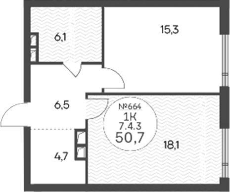 1-комн 50,7 м²