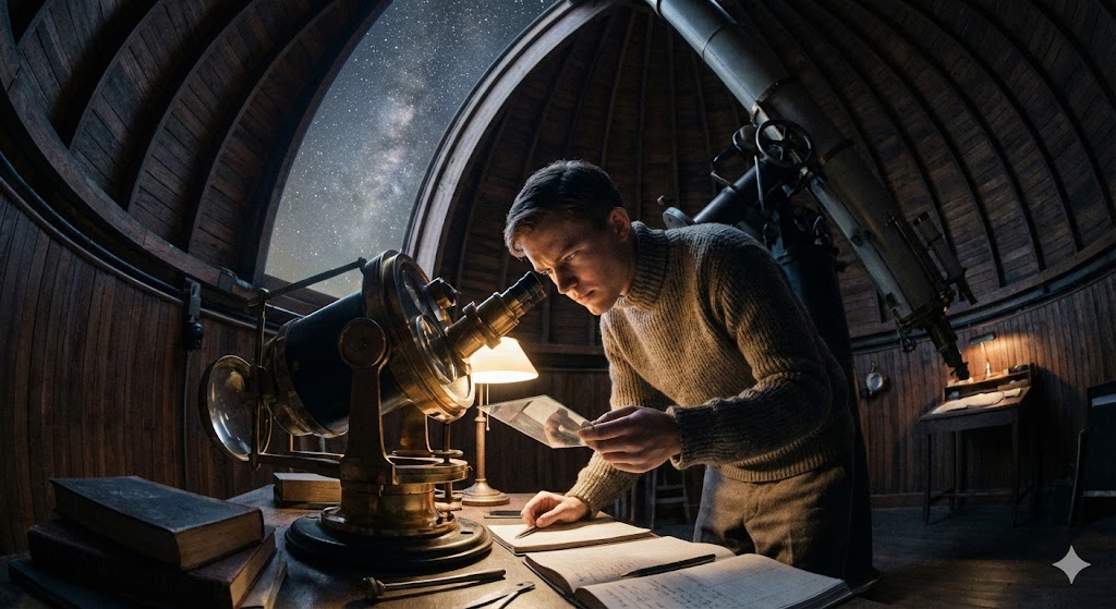 Астроном Клайд Томбо за работой с блинк-компаратором в 1930 году