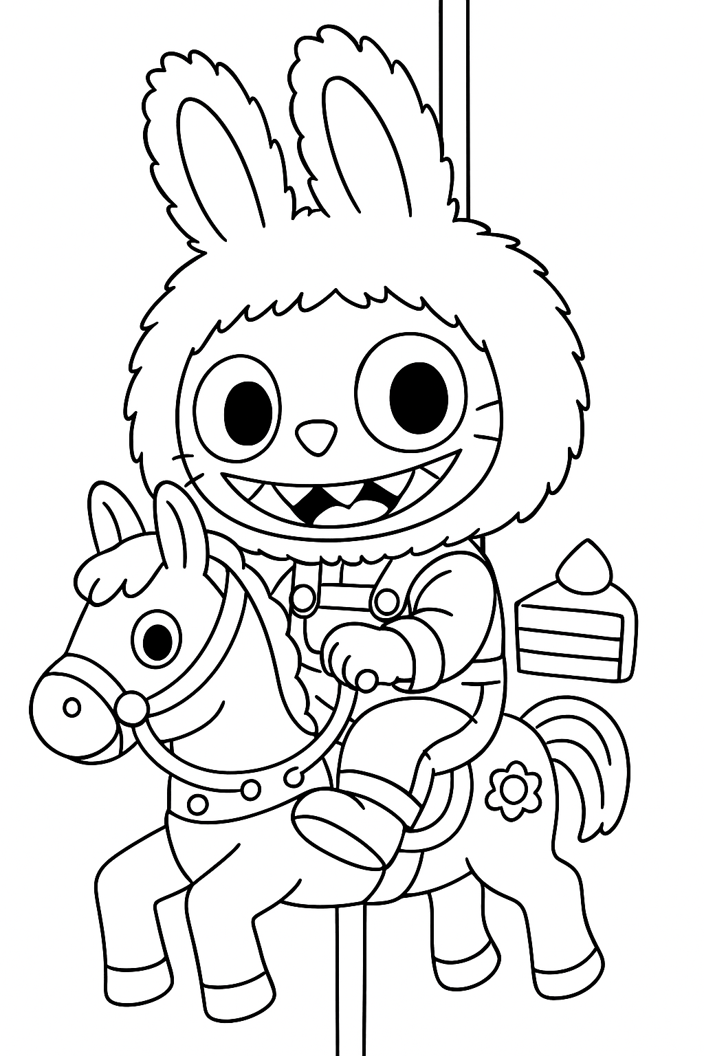 Черно-белая раскраска: милый персонаж Labubu в пушистом костюмчике с ушками сидит верхом на карусельной лошадке с седлом и цветочком на боку.