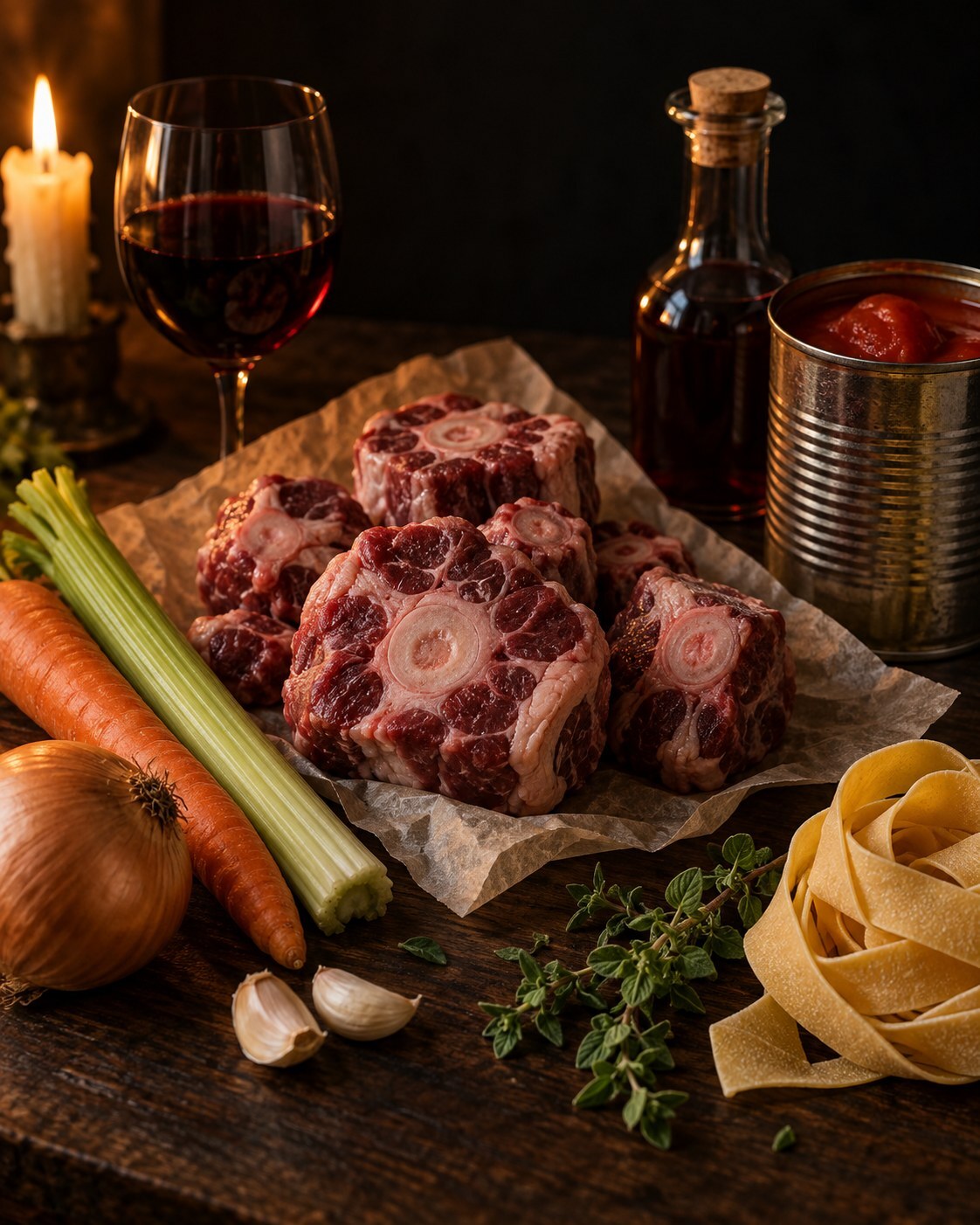 Ingredients for oxtail ragù: oxtail pieces on the bone, onion, celery, carrot, garlic, red wine, canned Italian tomatoes, fresh oregano, red wine vinegar and dried pappardelle on a dark wood table