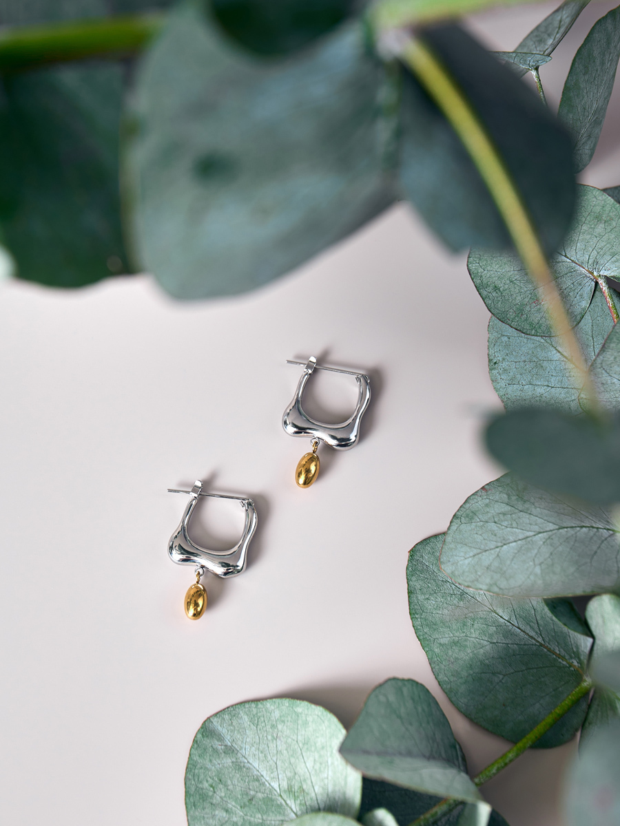 серебряные серьги в листве на белом фоне