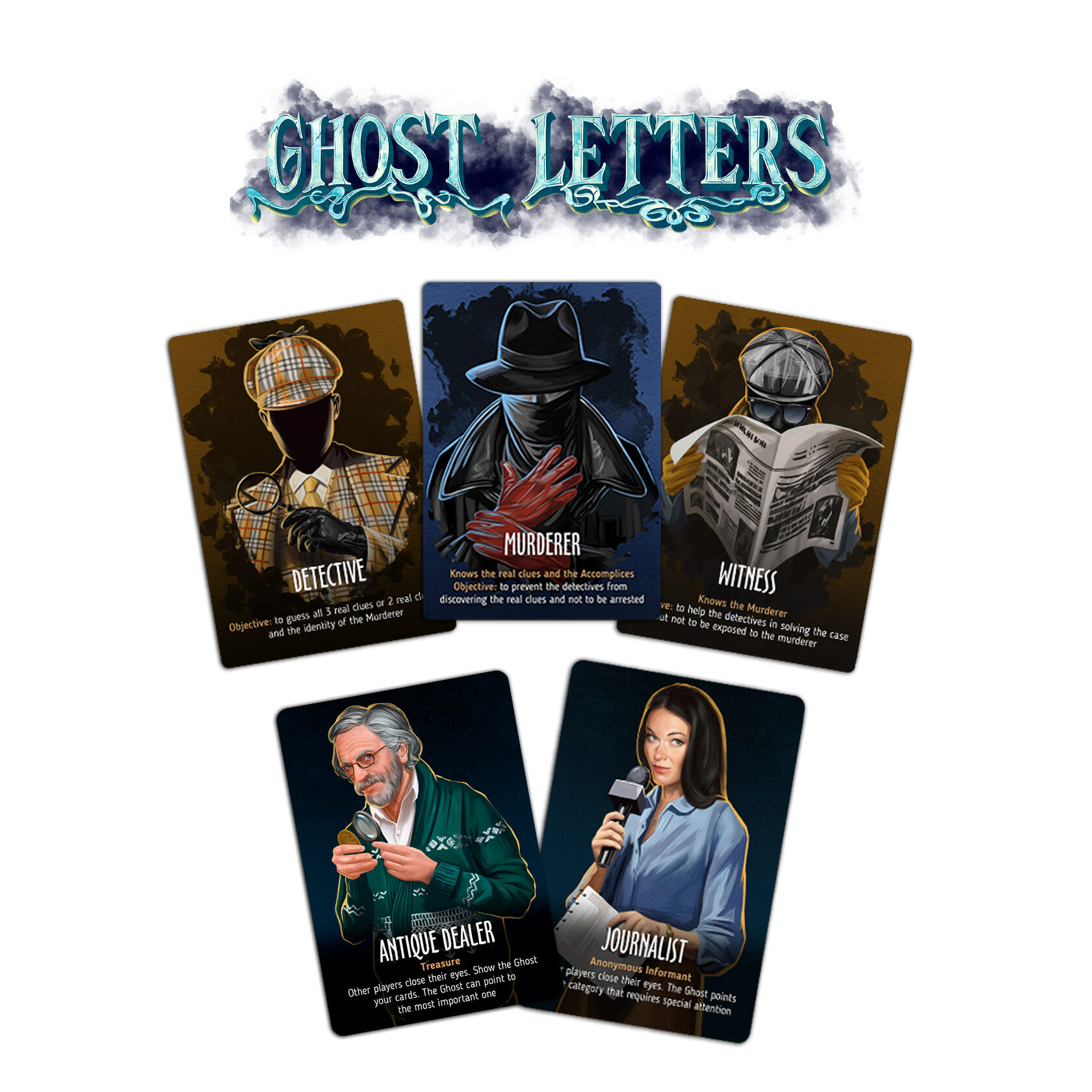 English role and character cards: Detective, Murderer, Witness, Antique Dealer and Journalist
