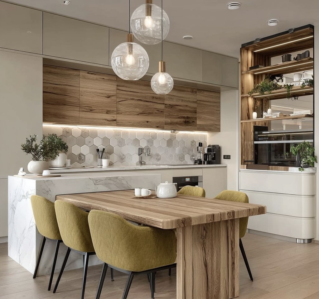 Обеденная зона в современной кухне с природными материалами