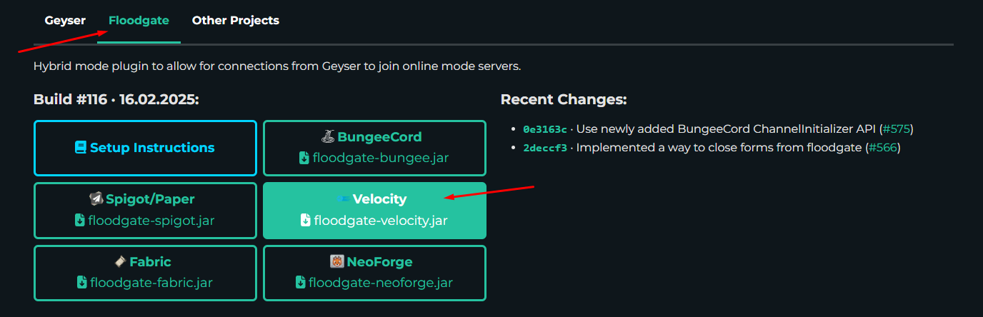 Скачивание Floodgate на geysermc.org