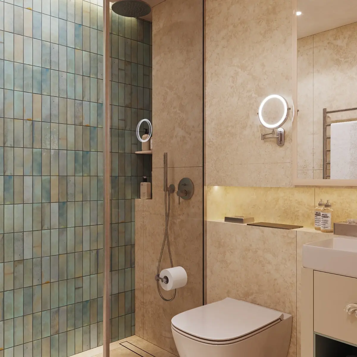 Визуализация VOLNA Resort: душевая с облицовкой и зона раковины с зеркалом