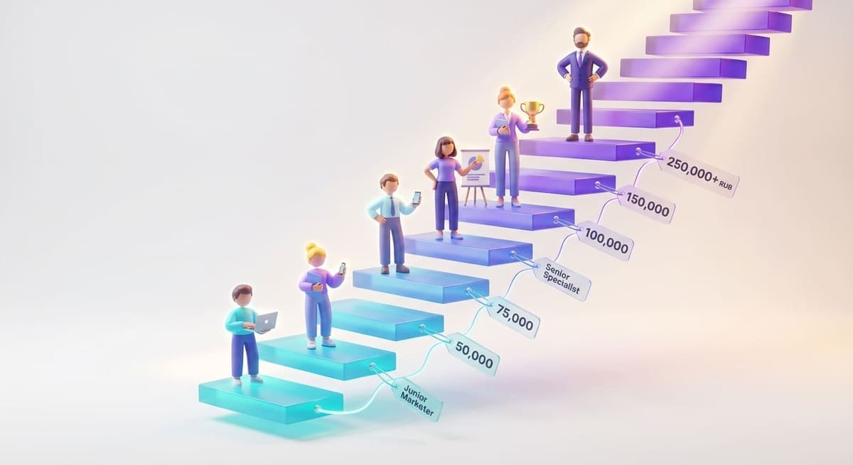 3D-иллюстрация с объёмной лестницей карьерного роста маркетолога: на каждой ступеньке — надутые фигурки специалистов разного