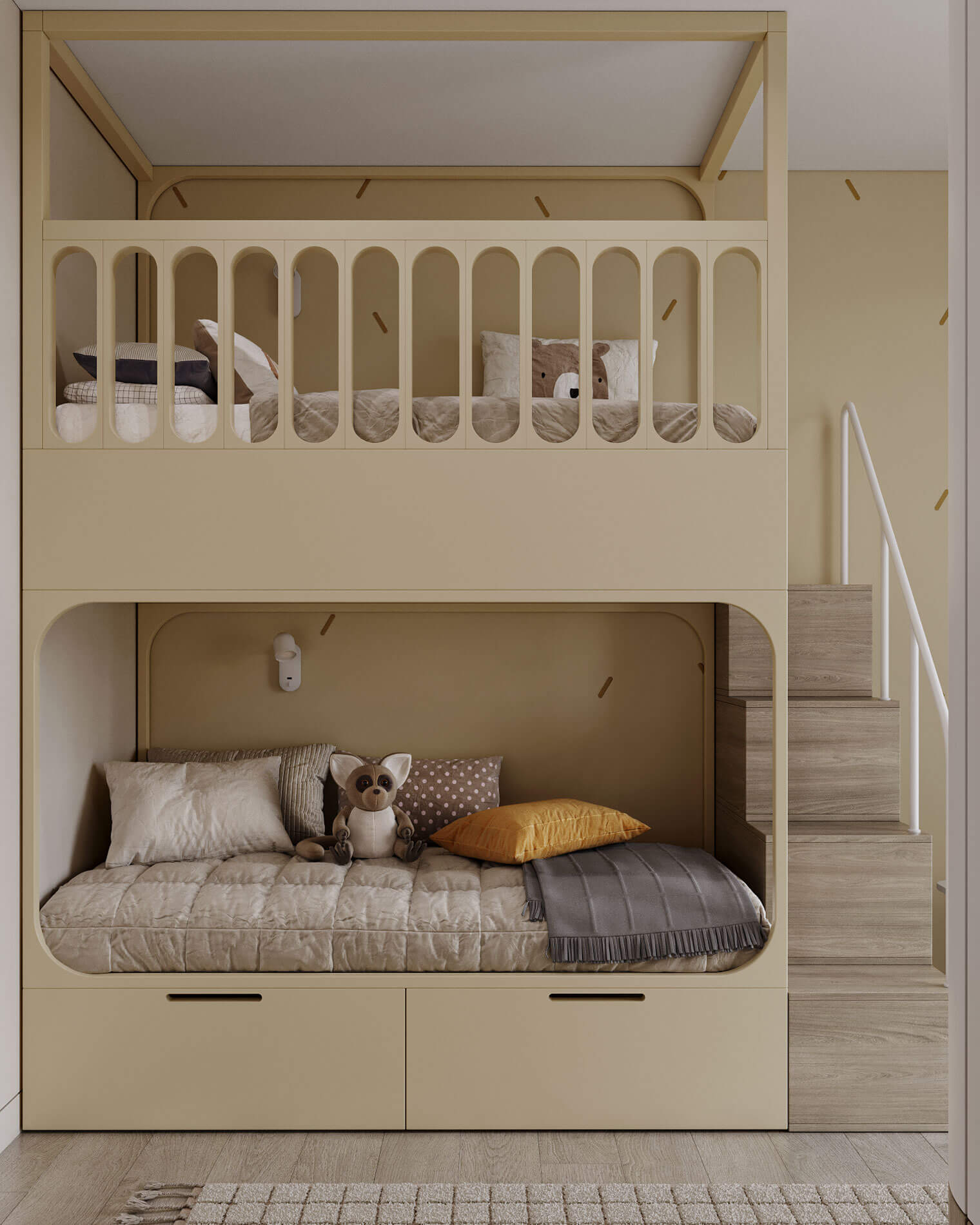 двухэтажная детская кровать бежевого цвета