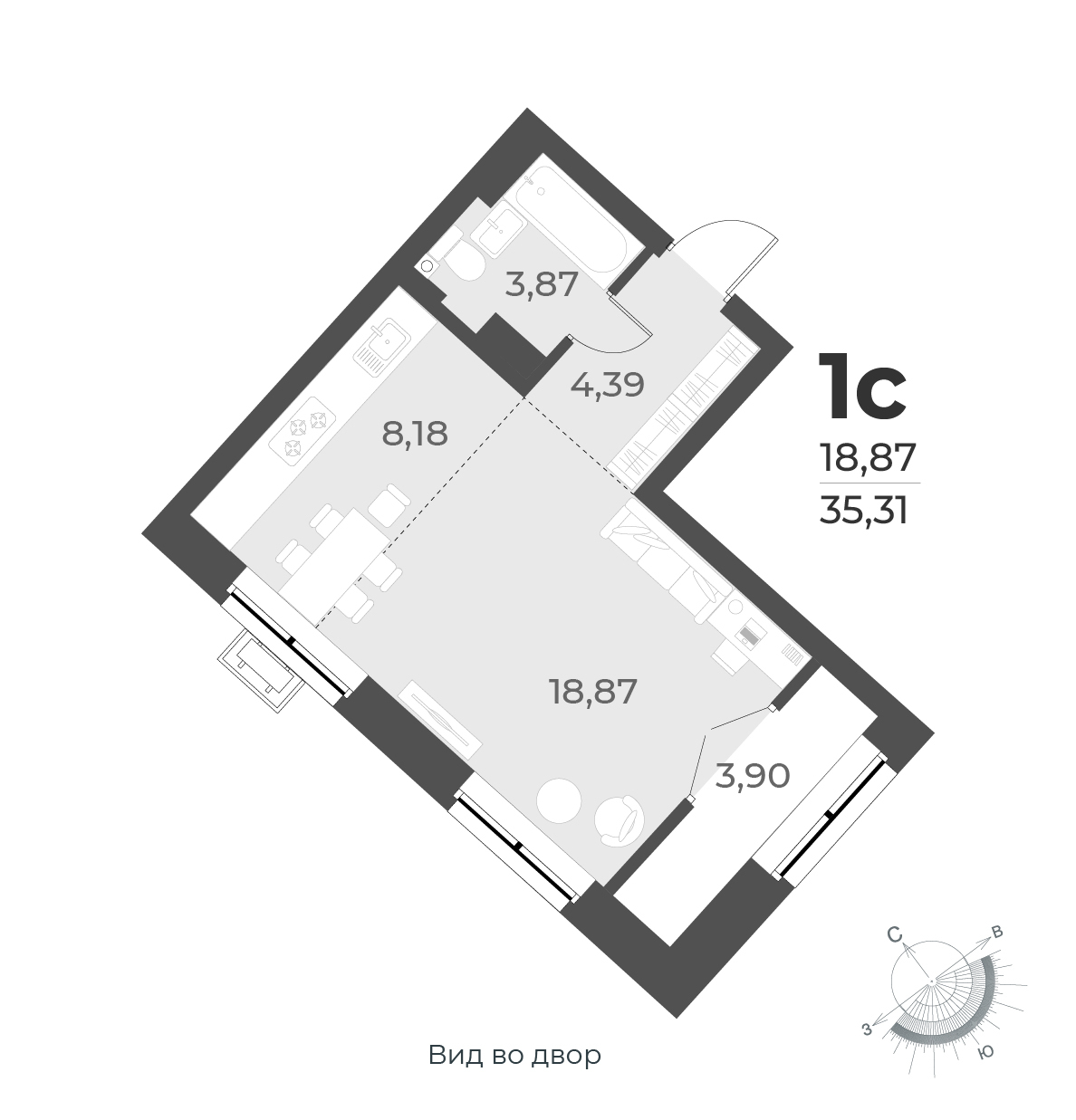 Планировка студии 35.31 м²
