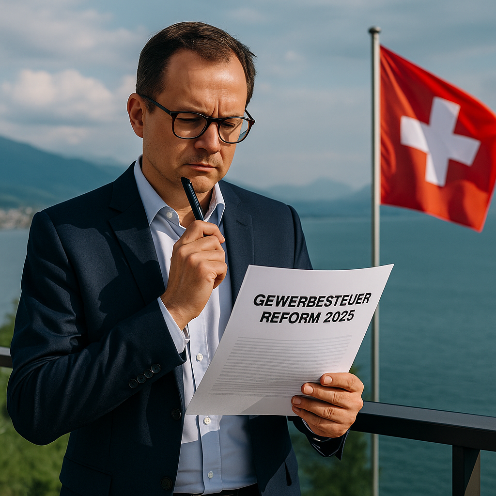 Entrepreneur looking at reform paper on German trade tax, with Swiss flag in the background as a sign of alternatives