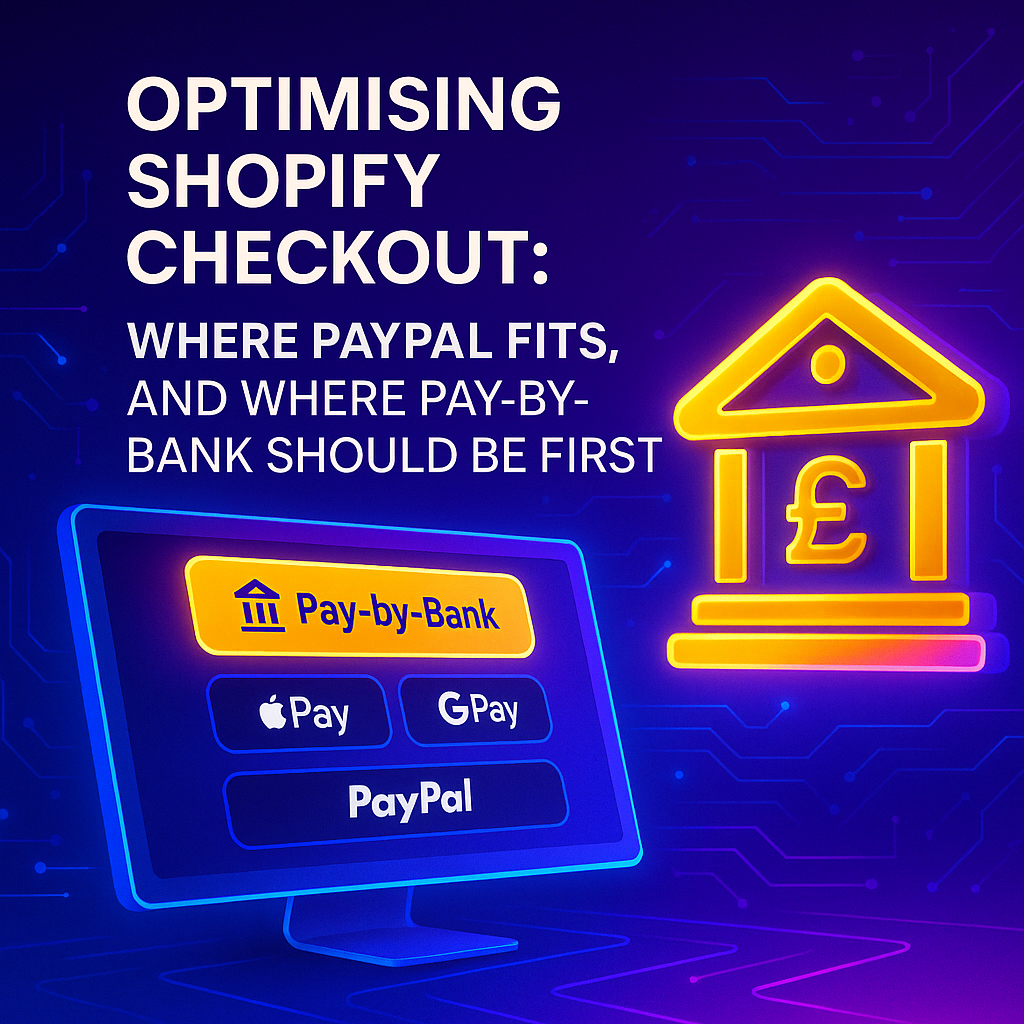 Futuristic digital illustration of an optimised Shopify checkout screen with Pay-by-Bank highlighted as the first payment method, followed by Apple Pay, Google Pay, and PayPal, shown in neon purple, lavender, and gold tones to represent faster biometric c