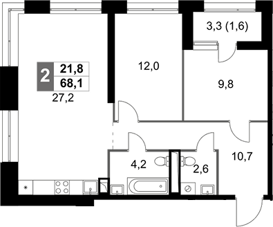 3-комн — 68,1 м²
