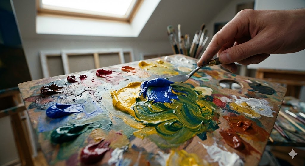 Палитра художника с процессом смешивания масляных красок мастихином