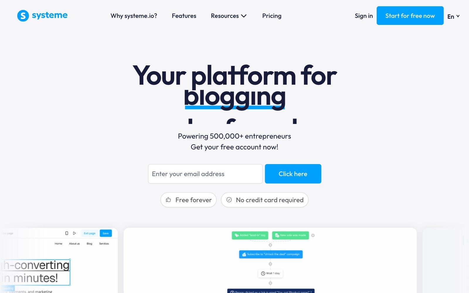 systeme.io homepage screenshot: all-in-one funnel, email and course platform