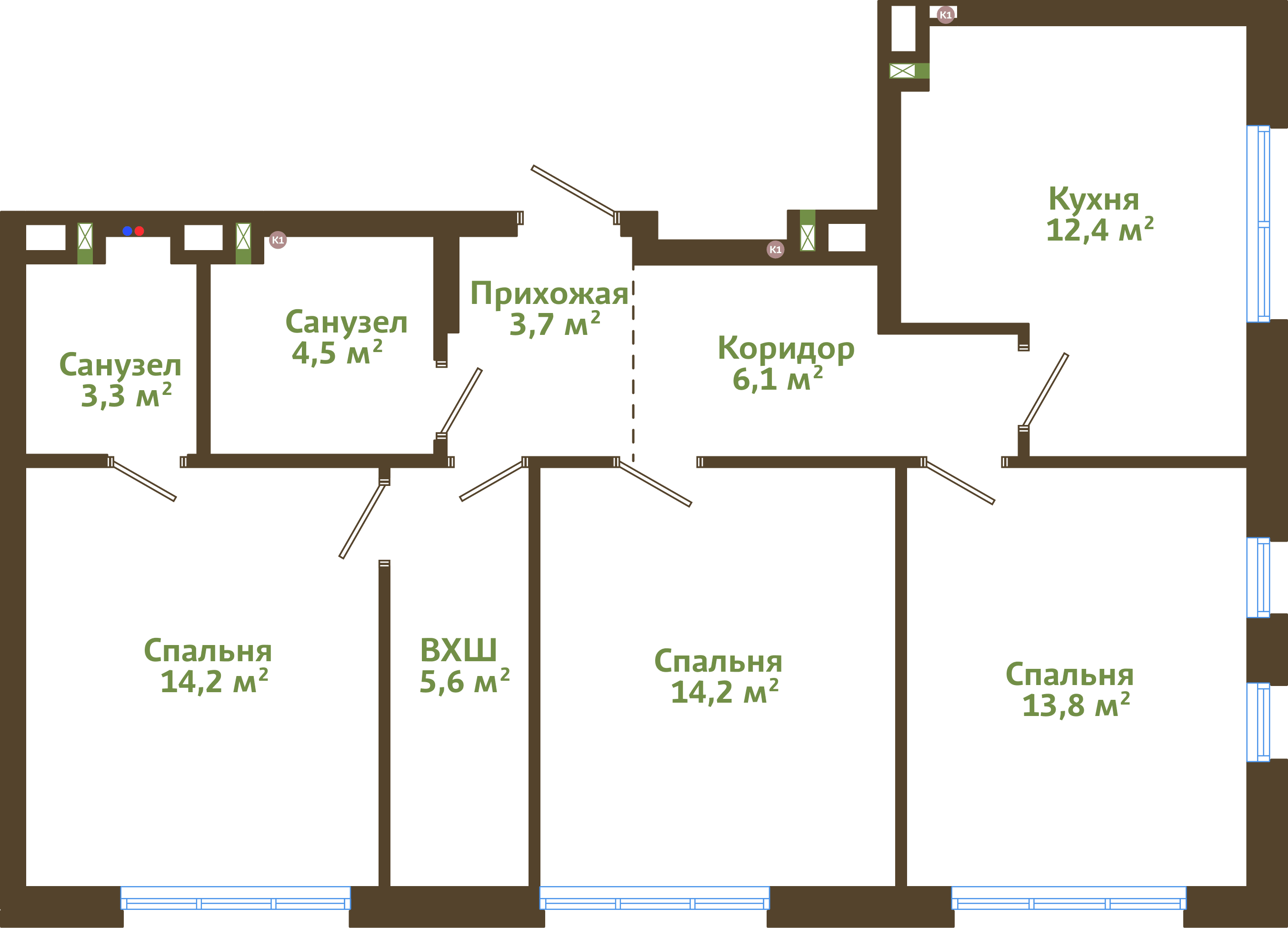 Планировка 3-комнатной квартиры 77,80 м²