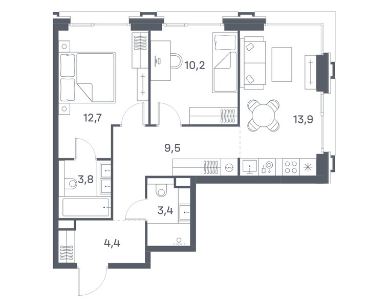 Планировка квартиры с 2 спальнями 57,9 м² в ЖК Portland: корпус 8, секция 4, 17-й этаж