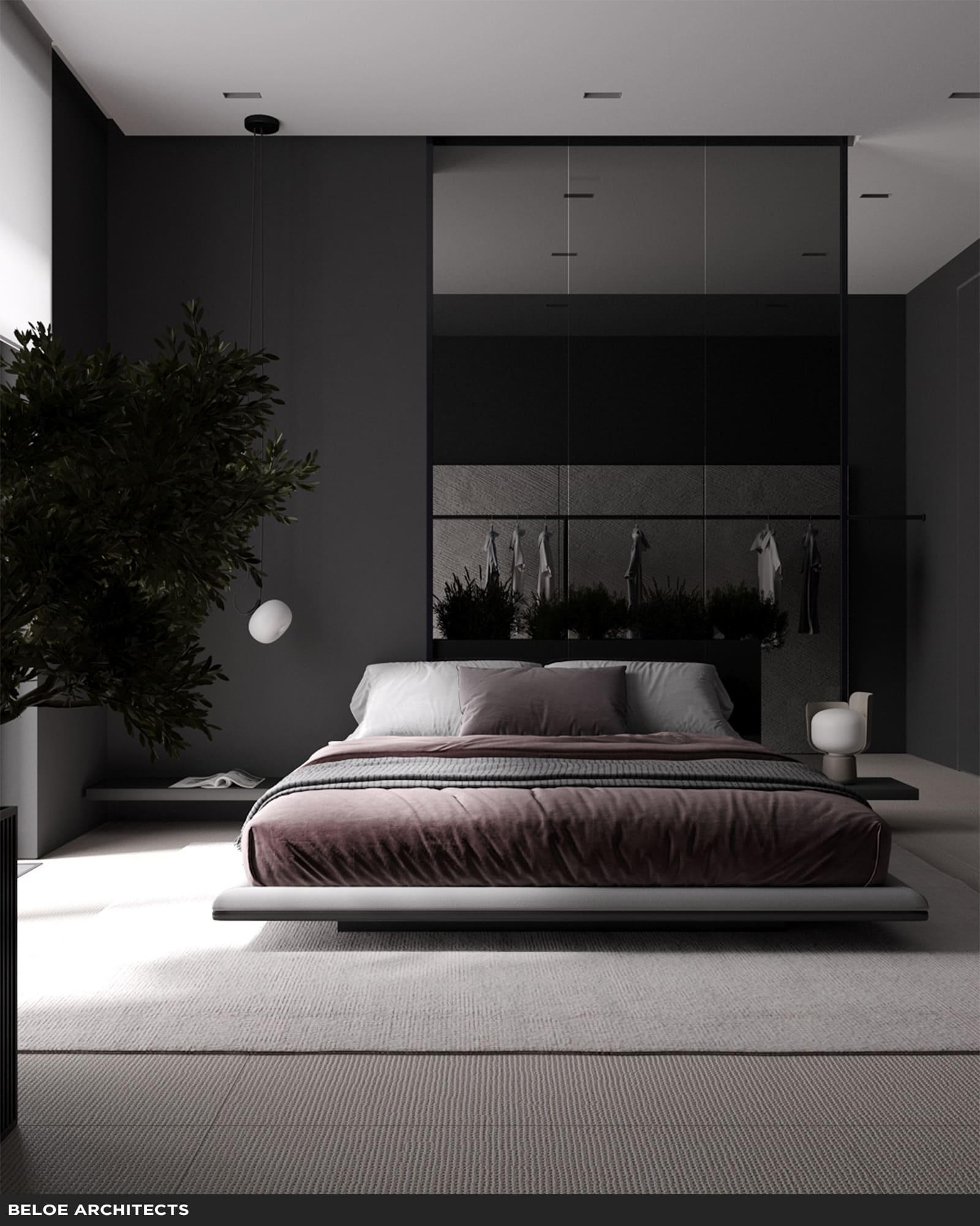 Дизайн-проект современной спальни в стиле минимализм в коттеджном поселке мое царицыно в Казани от студии beloe architects