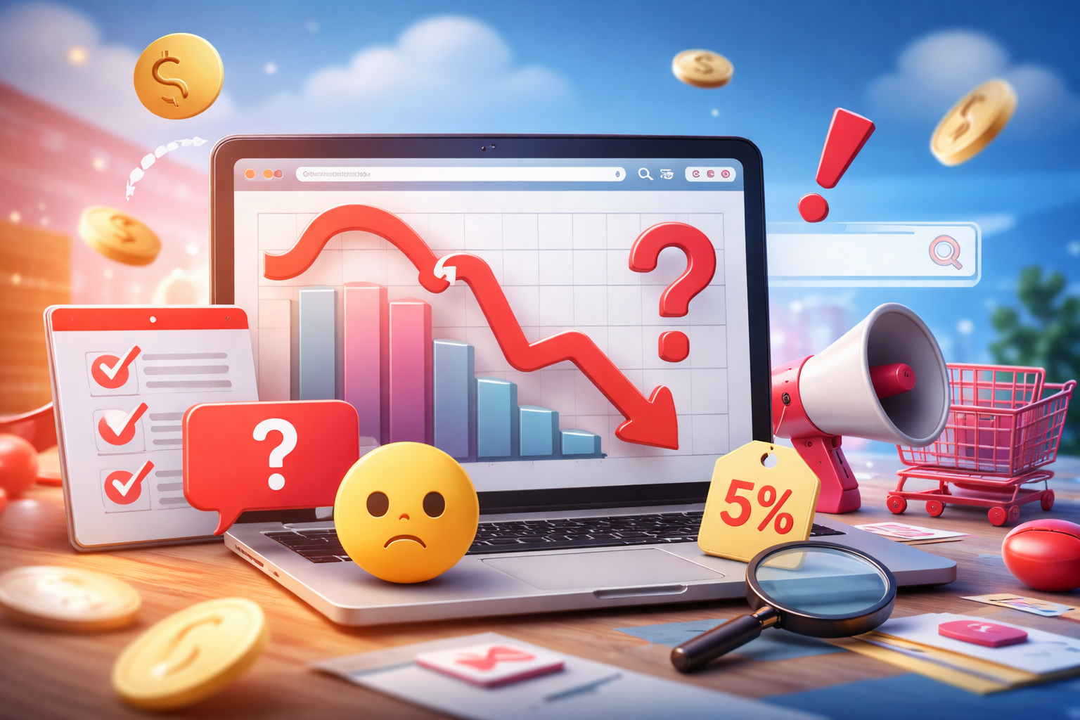 Иллюстрация о проблемах конверсии сайта: заявки есть, но продаж нет — аналитика, маркетинговые символы и абстрактные элементы в стиле агентства MEEQU.