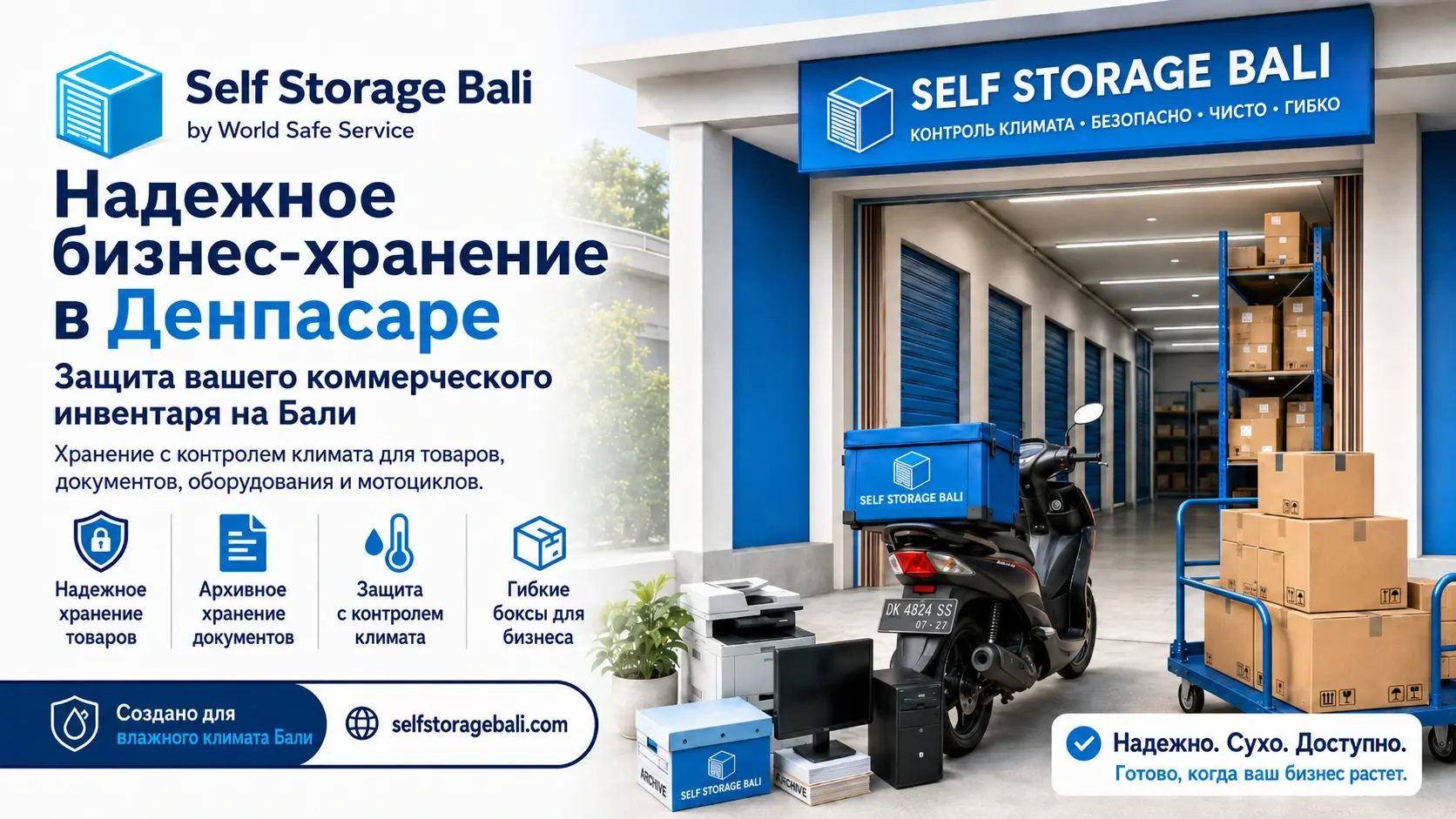 Климатизированный склад для бизнеса в Денпасаре Бали от Self Storage Bali где надежно хранятся коробки с запасами рабочий мотоцикл и офисное оборудование