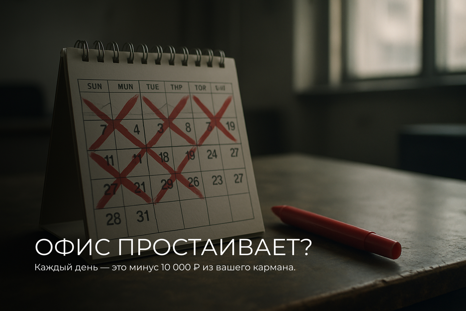 Календарь в пустом офисе с перечеркнутыми днями, иллюстрирующий ежедневные убытки от простоя коммерческой недвижимости. Текст на фото: &amp;amp;amp;quot;Офис простаивает? Каждый день — это минус 10 000 ₽ из вашего кармана&amp;amp;amp;quot;.