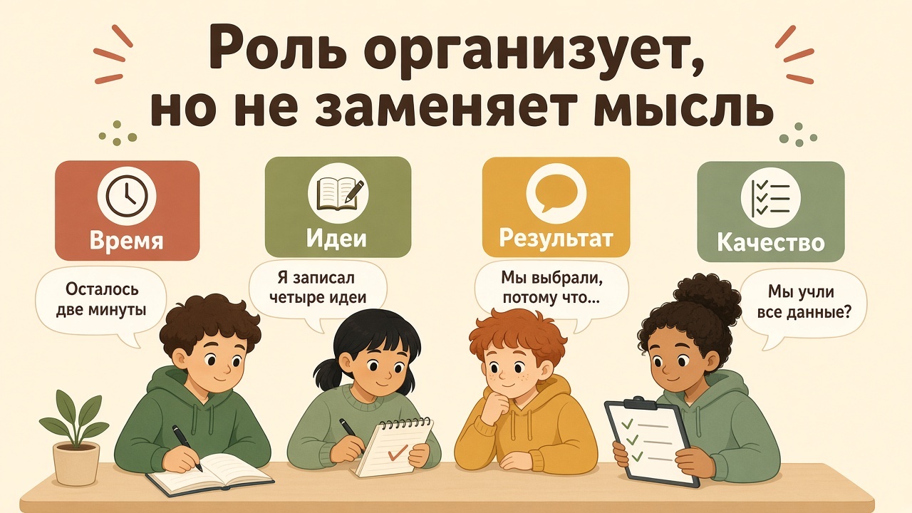 Четыре роли за одним столом: время, идеи, результат и качество — и каждый при этом думает