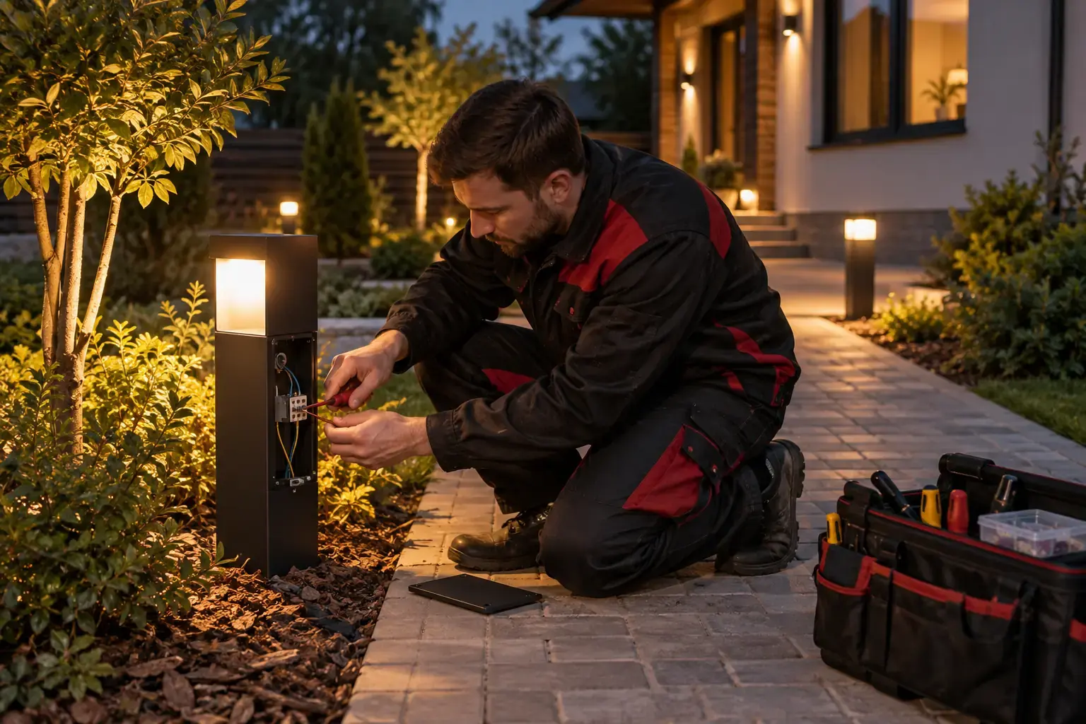 Наружное освещение садовой дорожки вечером