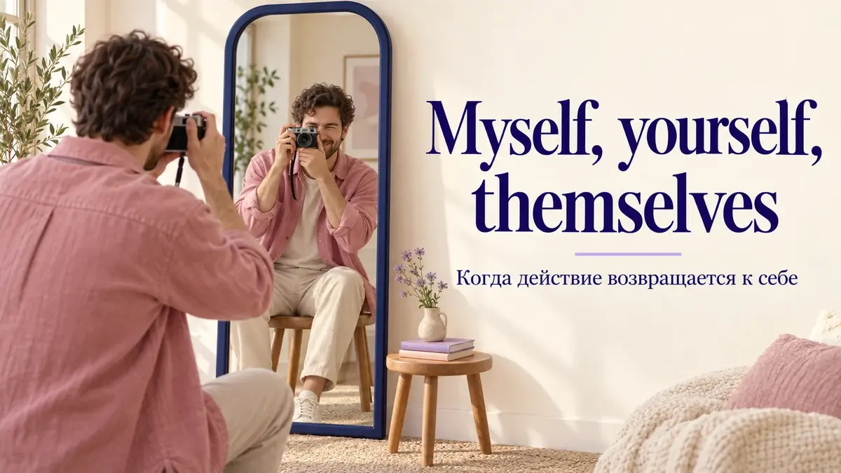 Человек фотографирует свое отражение в зеркале: myself, yourself, themselves.