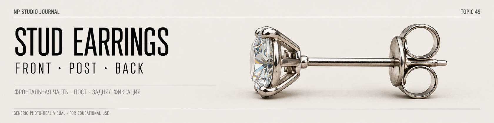 Учебная графика Stud Earrings: фронтальная часть, пост и задняя фиксация; generic educational visual, не изделие NP Studio