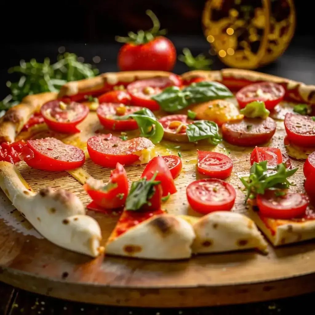 Аппетитная пицца с золотистым коржом, с сочной начинкой из колбасы и свежих помидоров, сыром и зеленью сверху