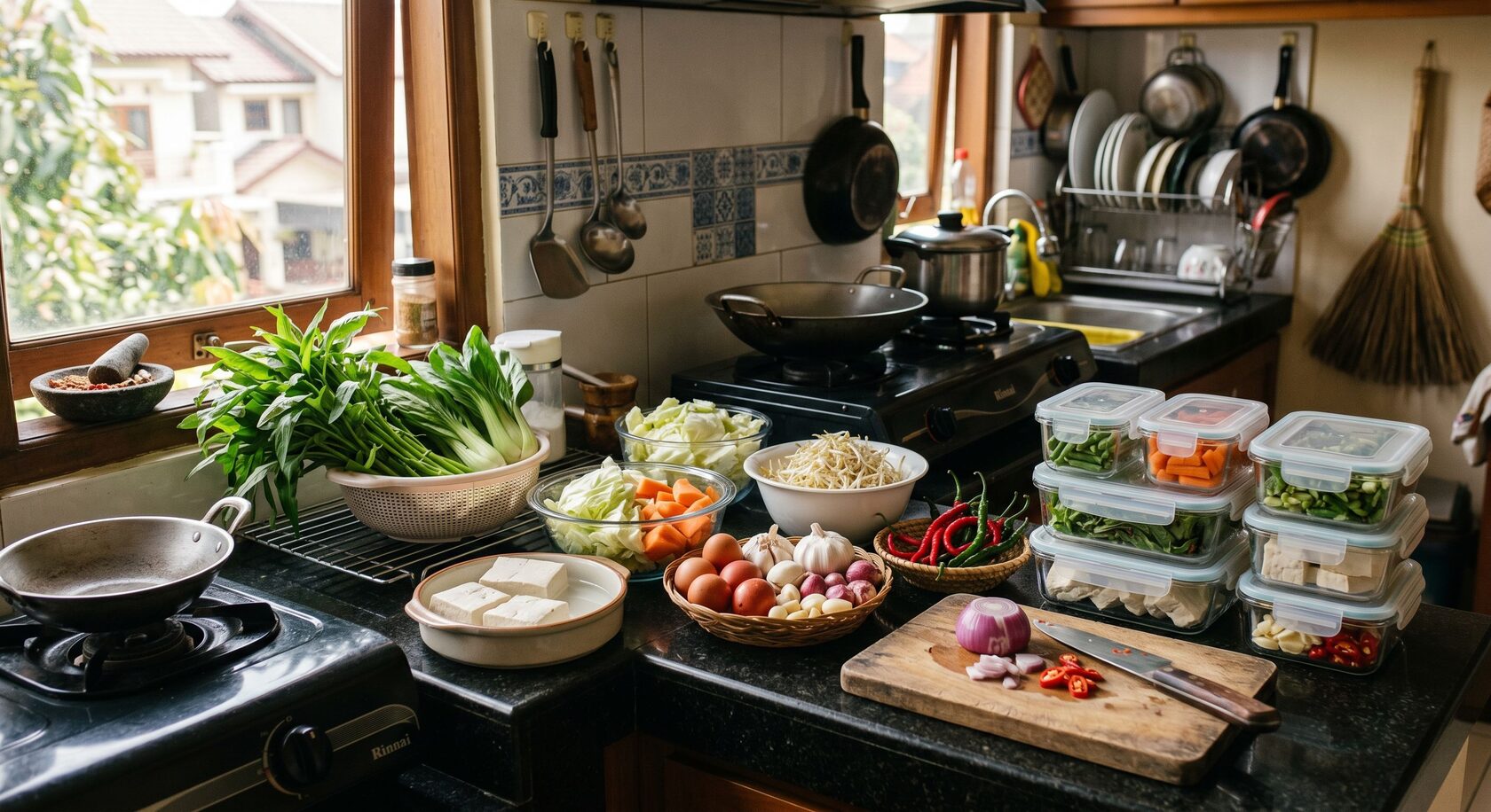 Persiapan bahan masakan sederhana di dapur kecil Indonesia