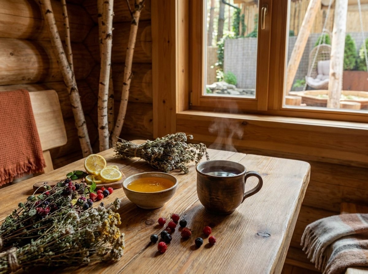 	Травяной чай с мёдом после бани в отеле Pallasa, Крым — отдых и восстановление в деревянной комнате