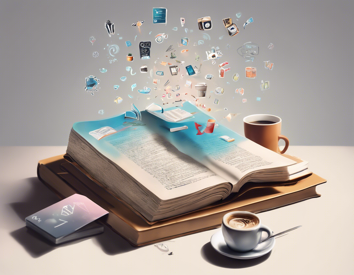 книга и чашка кофе на столе с плавающими символами цифрового маркетинга