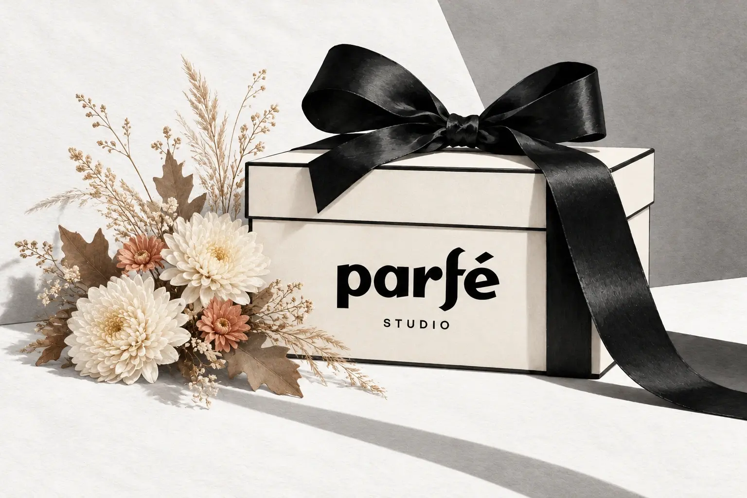 Молочная подарочная коробка Parfé Studio с чёрным бантом и деликатным осенним букетом