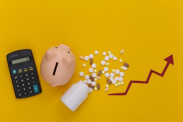 Bottle of pills with arrow tending up, piggy bank with calculator on yellow