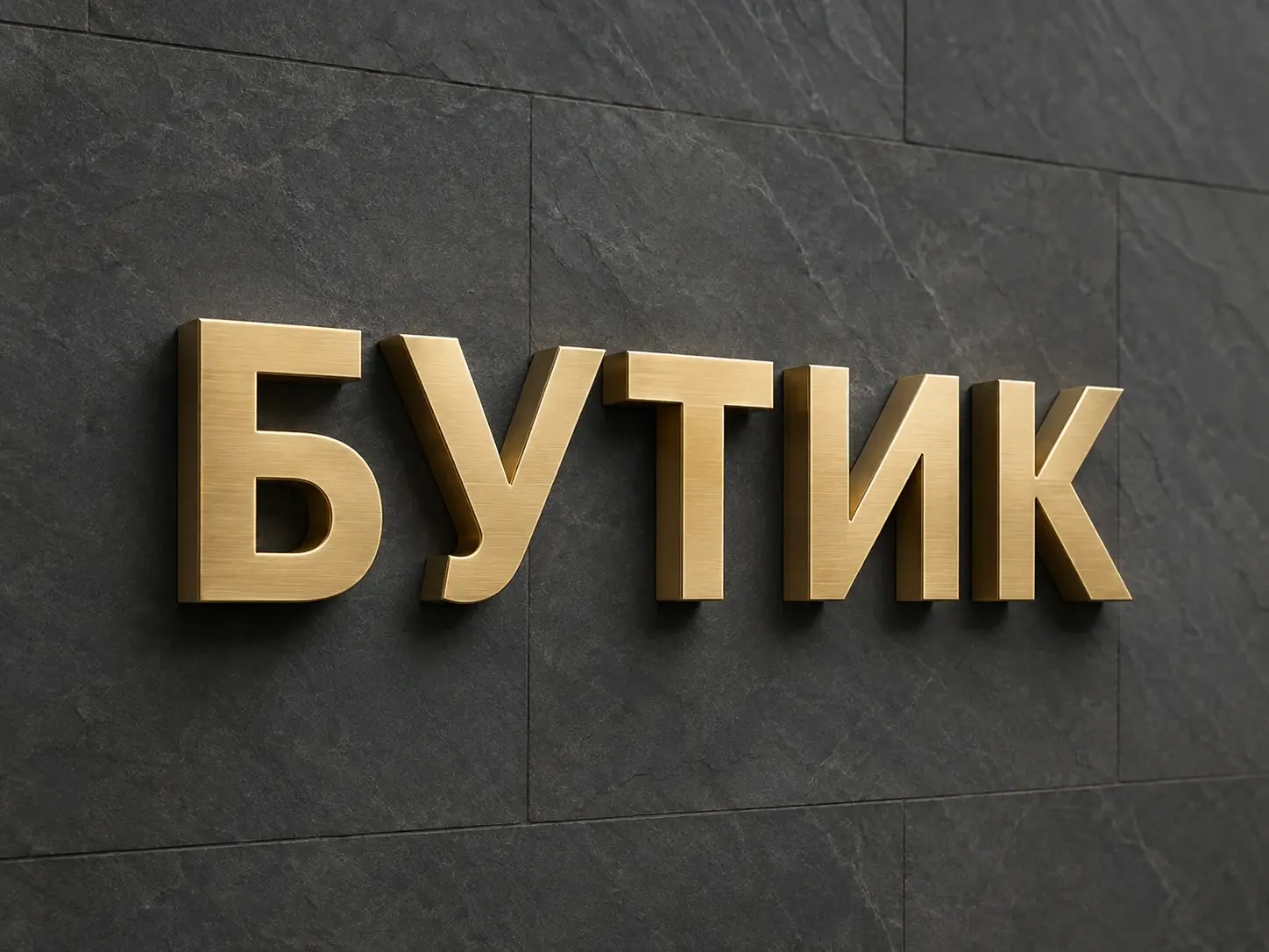 Объёмные шлифованные латунные буквы БУТИК с отчётливо видимыми глубокими бортами