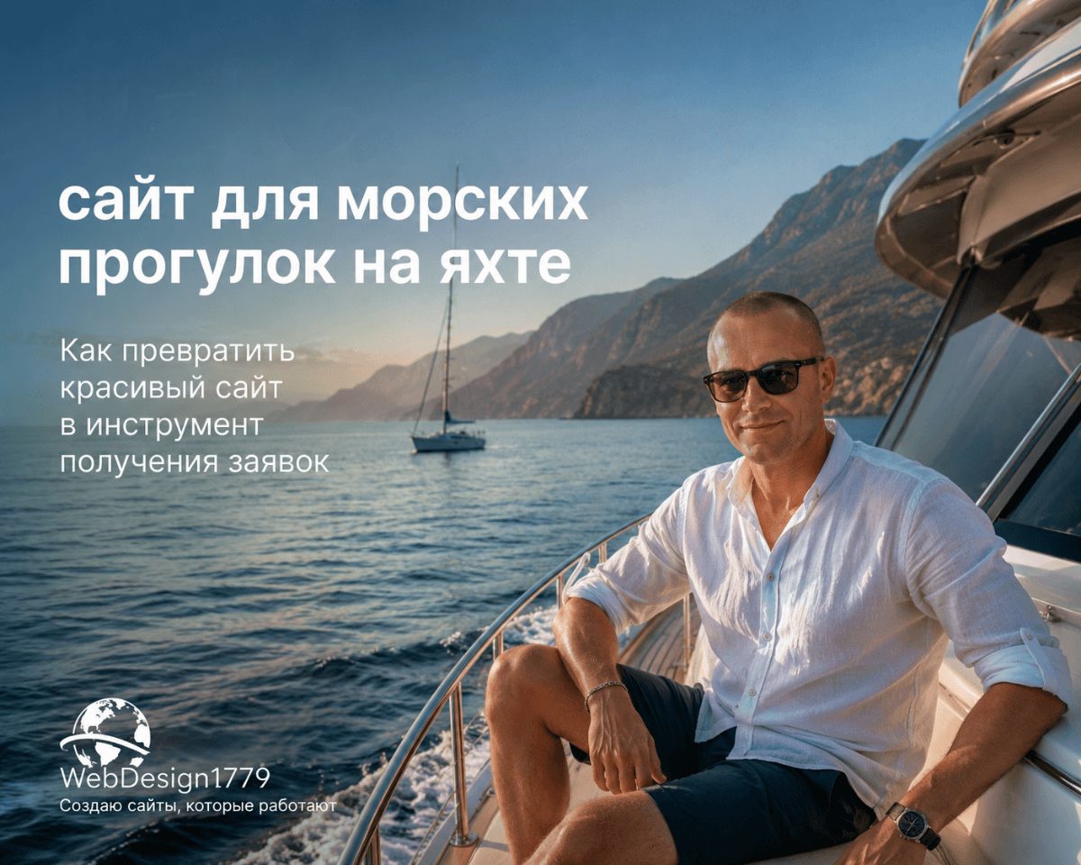 Современный сайт для компании, организующей морские прогулки на яхте и аренду яхт. Концепт веб-дизайна с акцентом на премиальный отдых, бронирование прогулок, привлечение клиентов и увеличение онлайн-заявок.