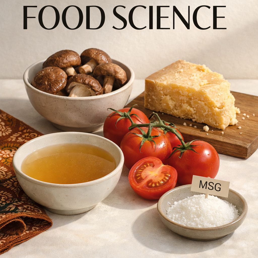 Sumber umami alami seperti tomat, jamur, keju, kaldu, dan MSG di meja dapur untuk ilustrasi fakta tentang MSG dan glutamat