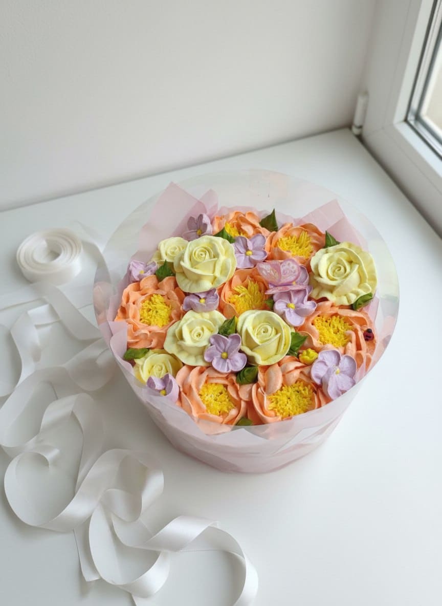 Художественные цветы из зефира в коробке аквариум, диаметр 25 см 3