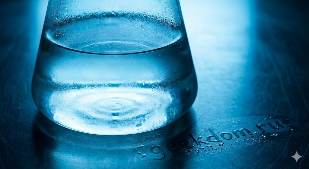 Лабораторная колба с прозрачной жидкостью в неоновом свете