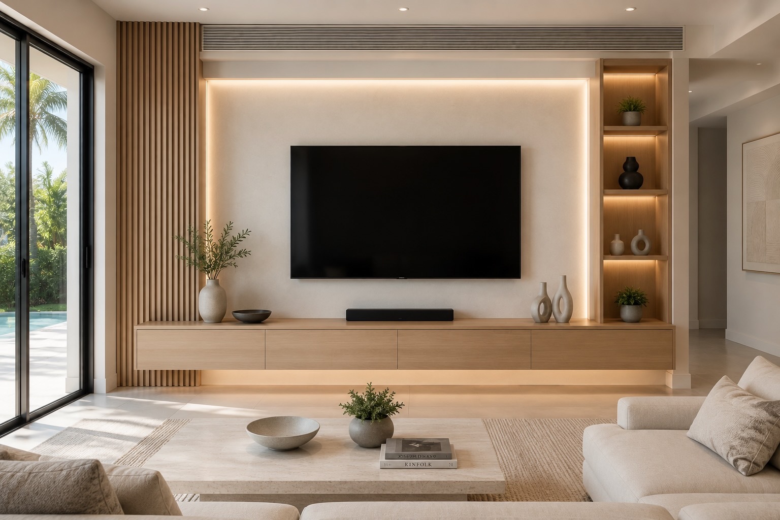 Minimalist floating TV wall with hidden wiring and modern cabinetry in a Central Florida home.