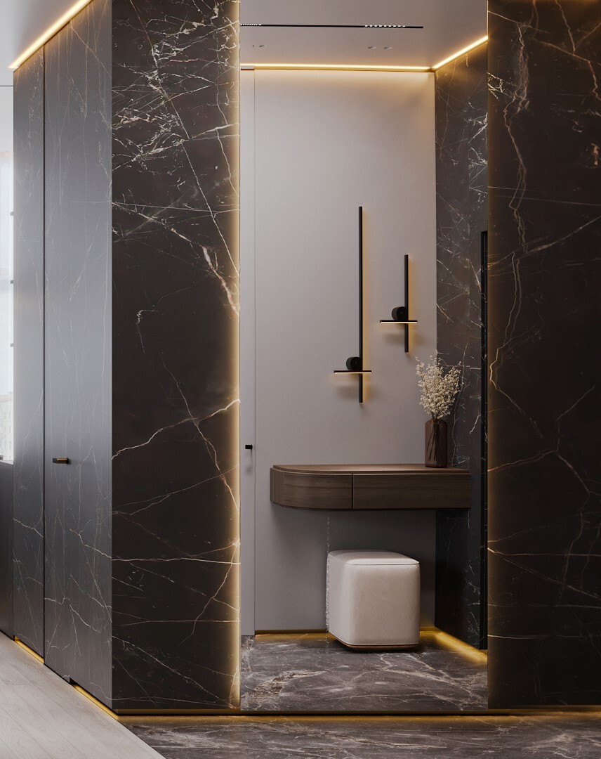 Дизайн интерьера холла холостяка с подвесной кухней, камином и кожаными акцентами