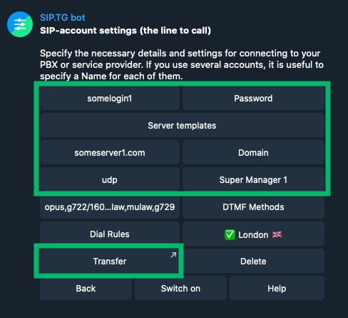 SIP account settings for using Telegram as a Softphone 