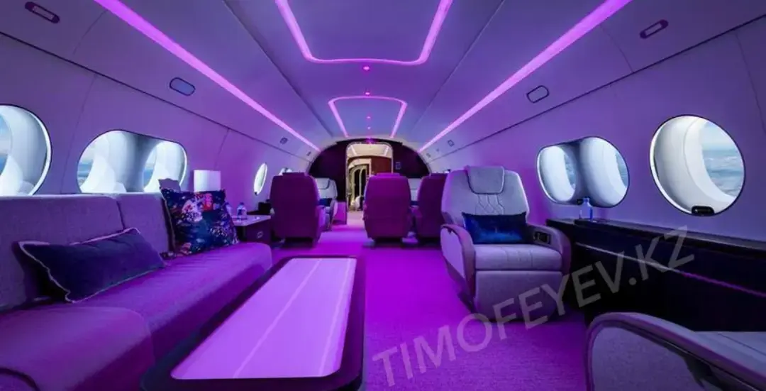 Business jet interior Timofeyev onboard service and private aviation comfort in Almaty