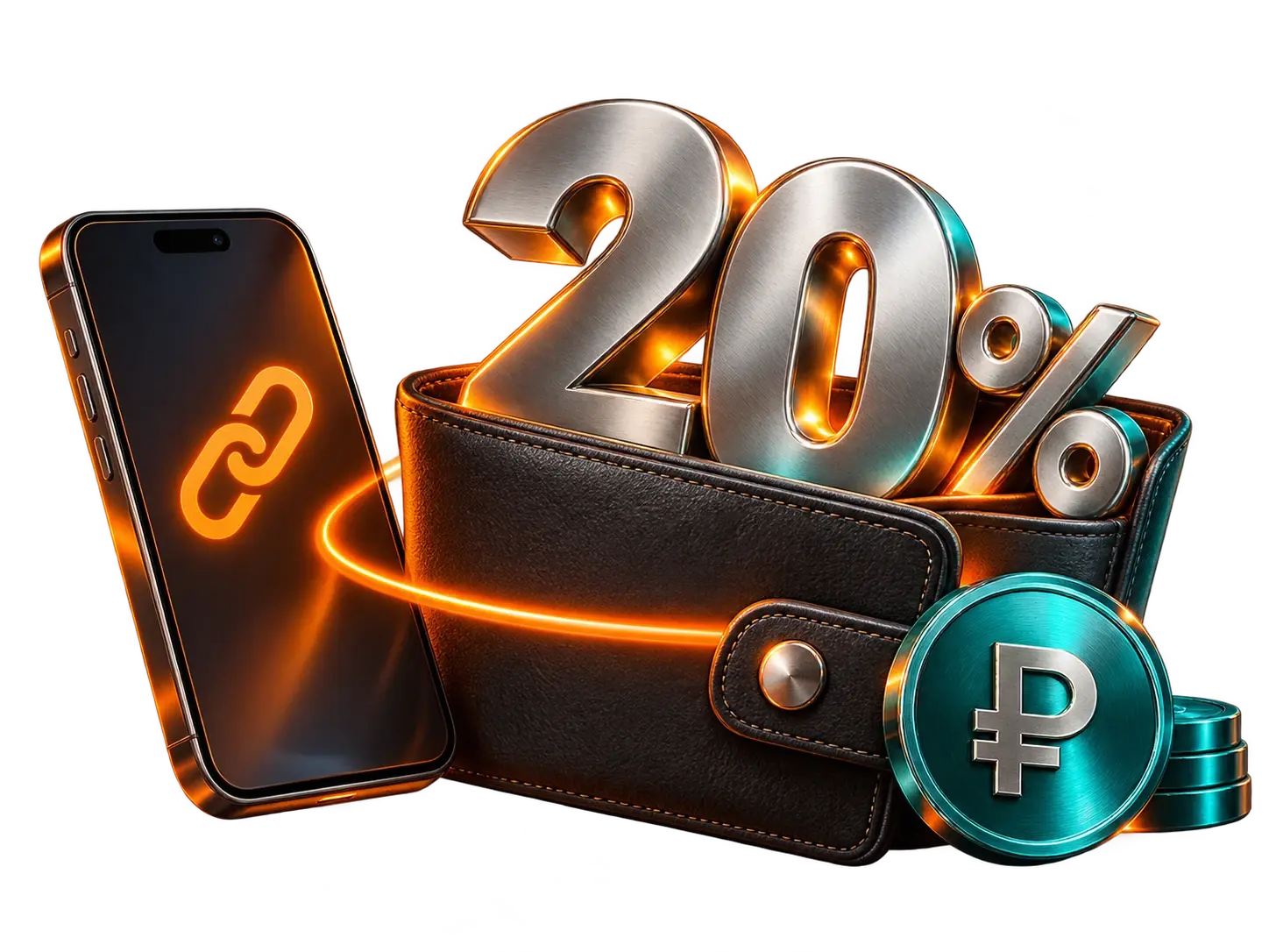 Объёмные 20%, телефон с партнёрской ссылкой и кошелёк