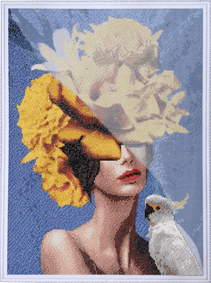 Diamond painting symbols of beauty a woman's face with yellow flowers and a white parrot