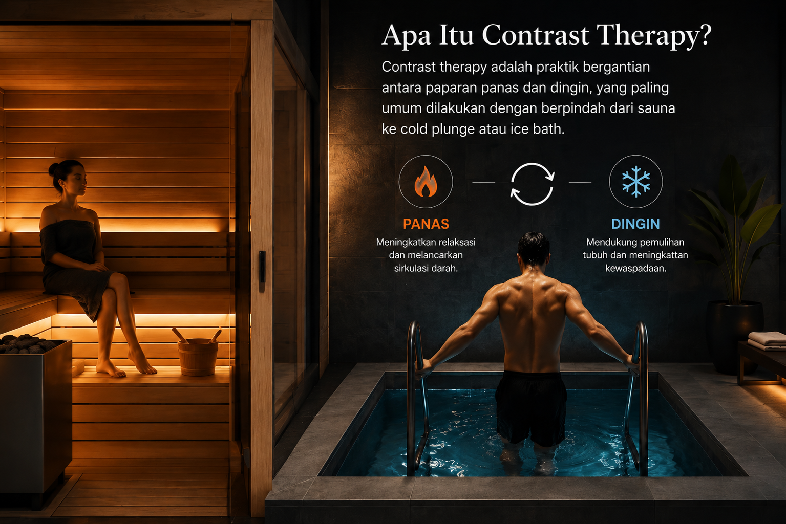 Sauna luar ruangan dan bak rendam air dingin premium yang menampilkan terapi kontras, di mana paparan panas dan dingin secara bergantian mendukung pemulihan, sirkulasi, serta kesehatan dan kebugaran secara menyeluruh.
