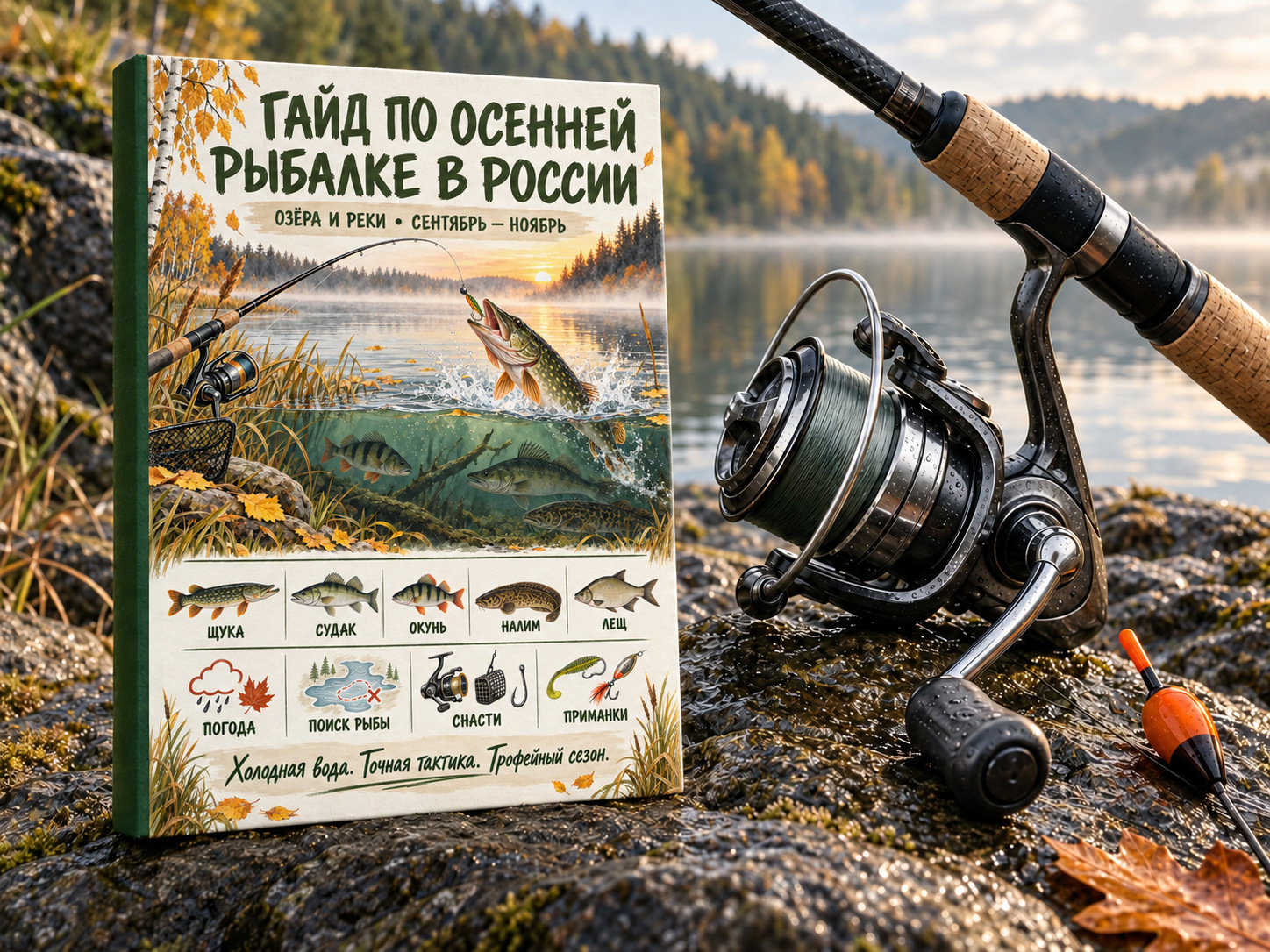 Гайд по осенней рыбалке в России рядом с удочкой и катушкой у озера